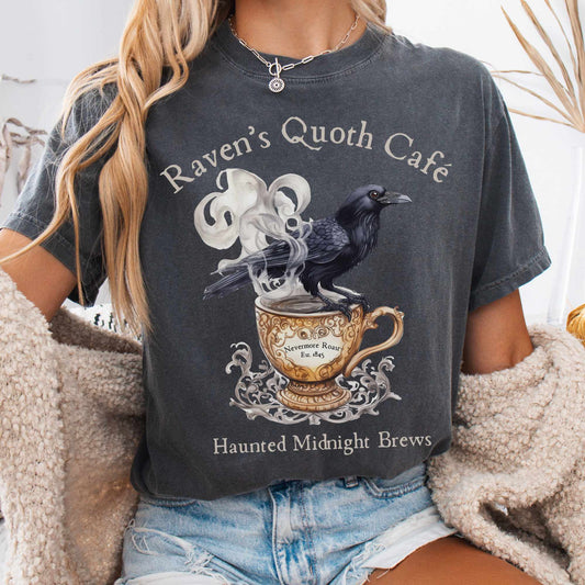 Raven Quoth Cafe Poe Shirt - Haunted Midnight Brews