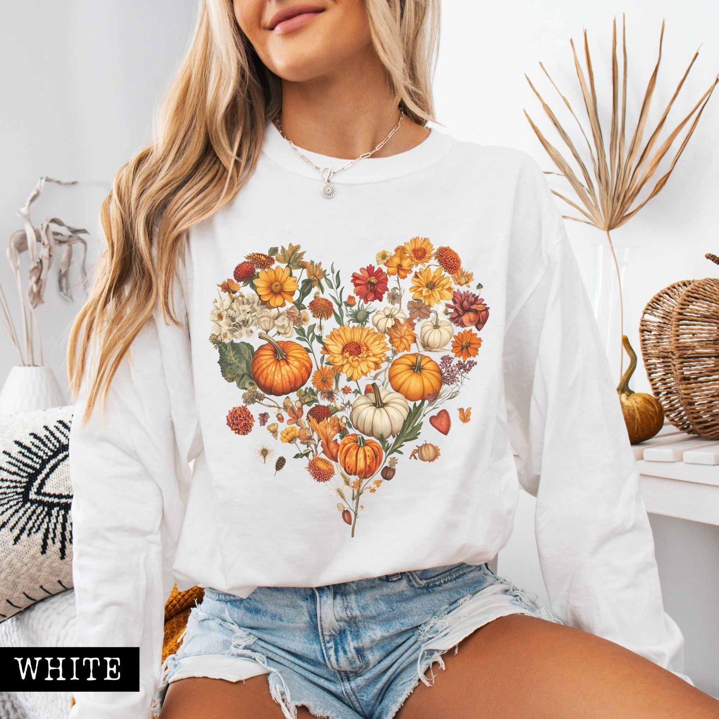 Pumpkin floral fall heart - long sleeve tee