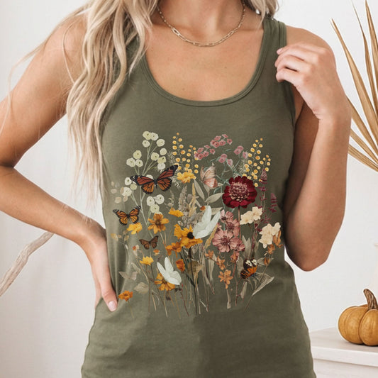 Tank Top Solid Military Green / XS Cottagecore Wildflower Women's Racerback Tank Top The Mystic Eden