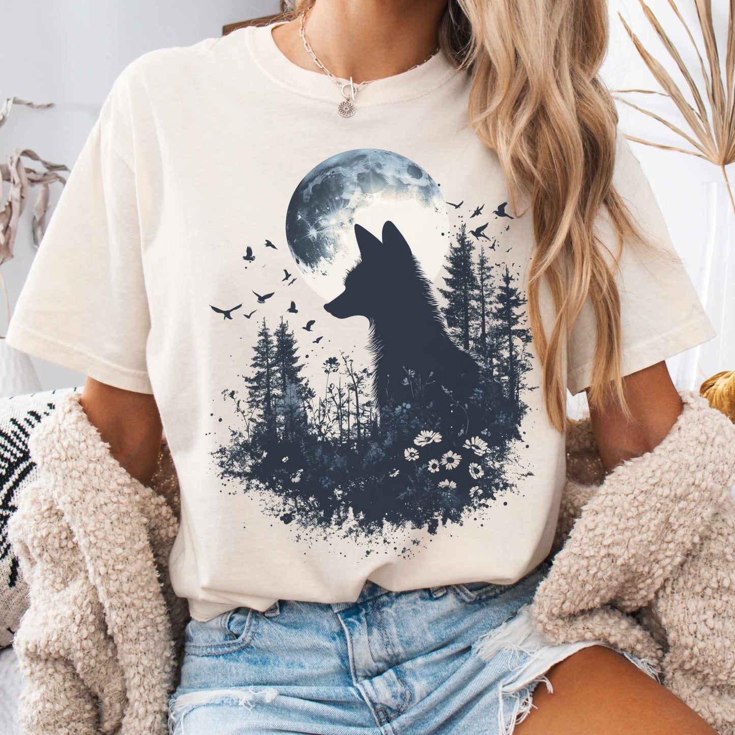 Black Silhouette Moonlit Fox Shirt