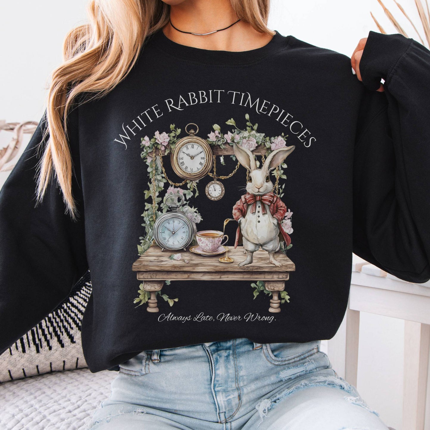 Sweatshirt White Rabbit Timepieces Alice in Wonderland Sweatshirt The Mystic Eden