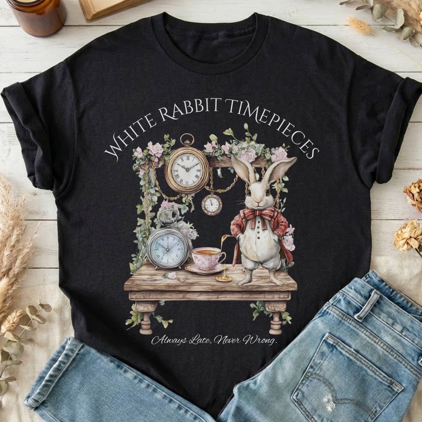 T-Shirts Black / S White Rabbit Timepieces Alice in Wonderland T-Shirt The Mystic Eden