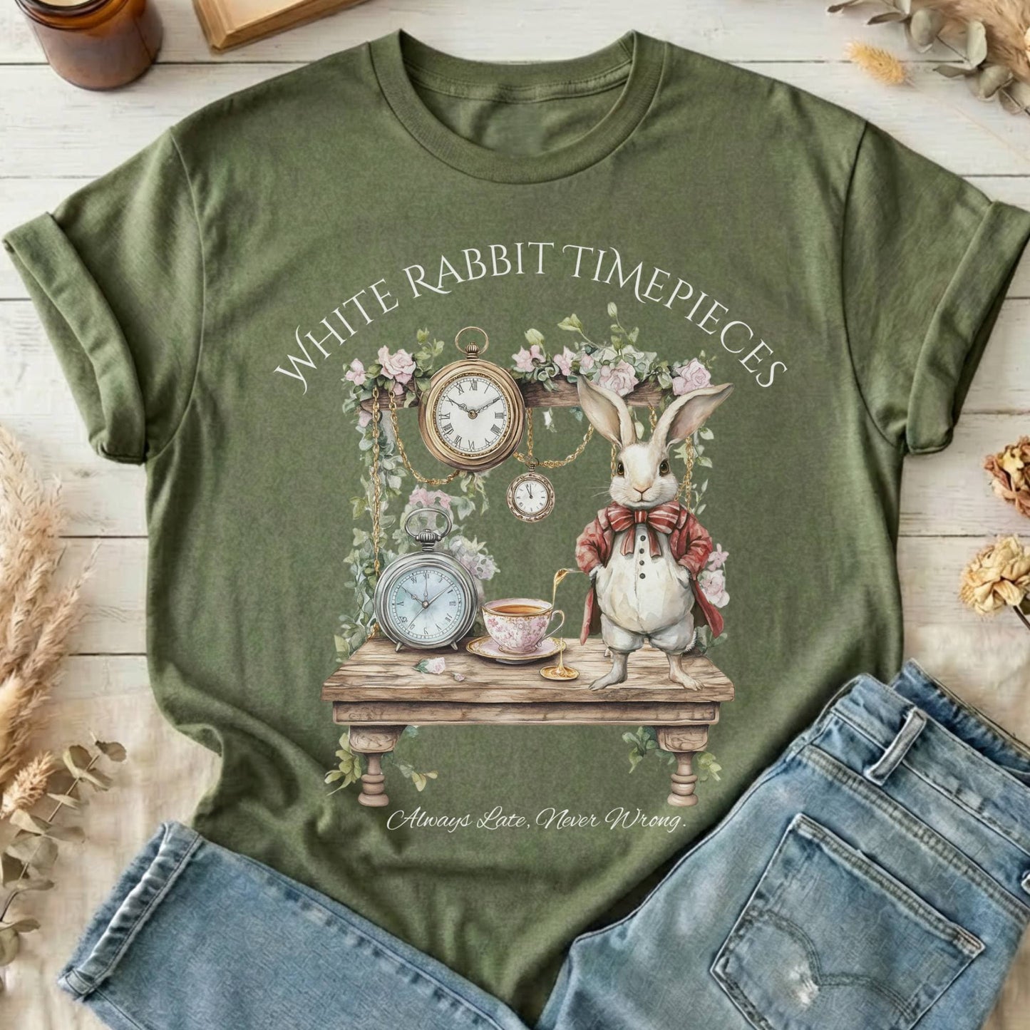 T-Shirts Military Green / S White Rabbit Timepieces Alice in Wonderland T-Shirt The Mystic Eden