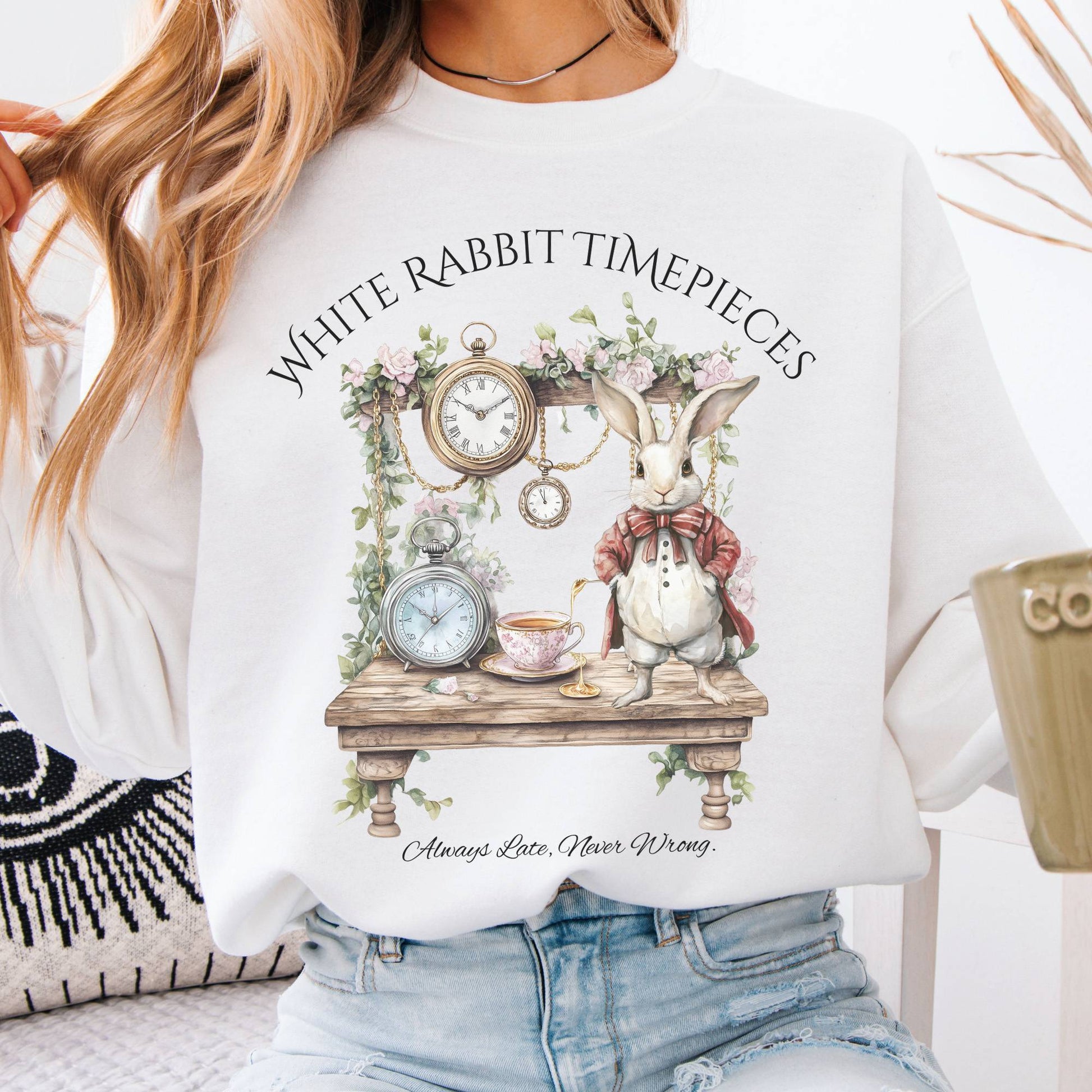 Sweatshirt White Rabbit Timepieces Alice in Wonderland Sweatshirt The Mystic Eden