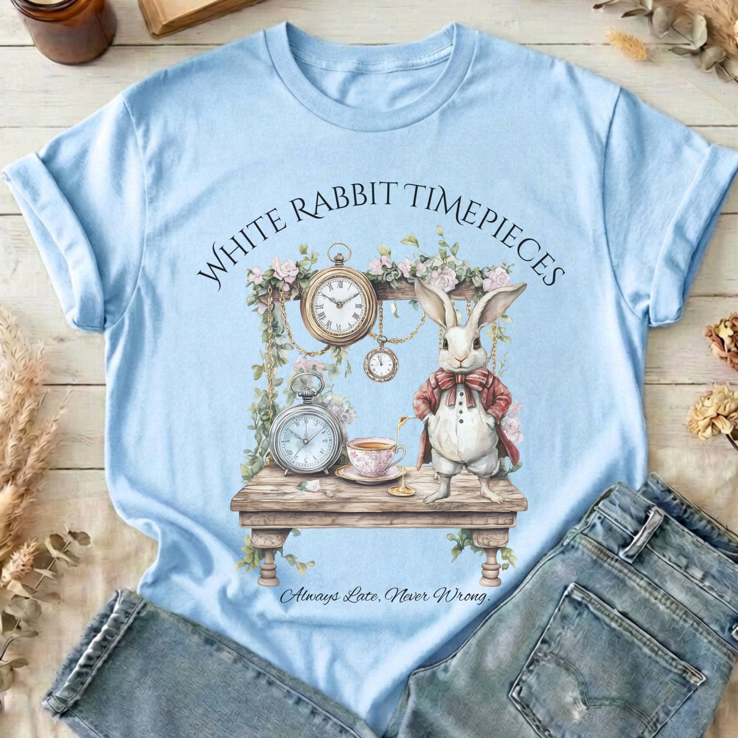 T-Shirts Light Blue / S White Rabbit Timepieces Alice in Wonderland T-Shirt The Mystic Eden