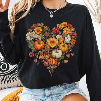 Pumpkin floral fall heart - long sleeve tee