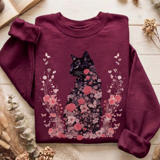 Sweatshirt Pink Floral Black Cat Cottagecore Sweatshirt The Mystic Eden