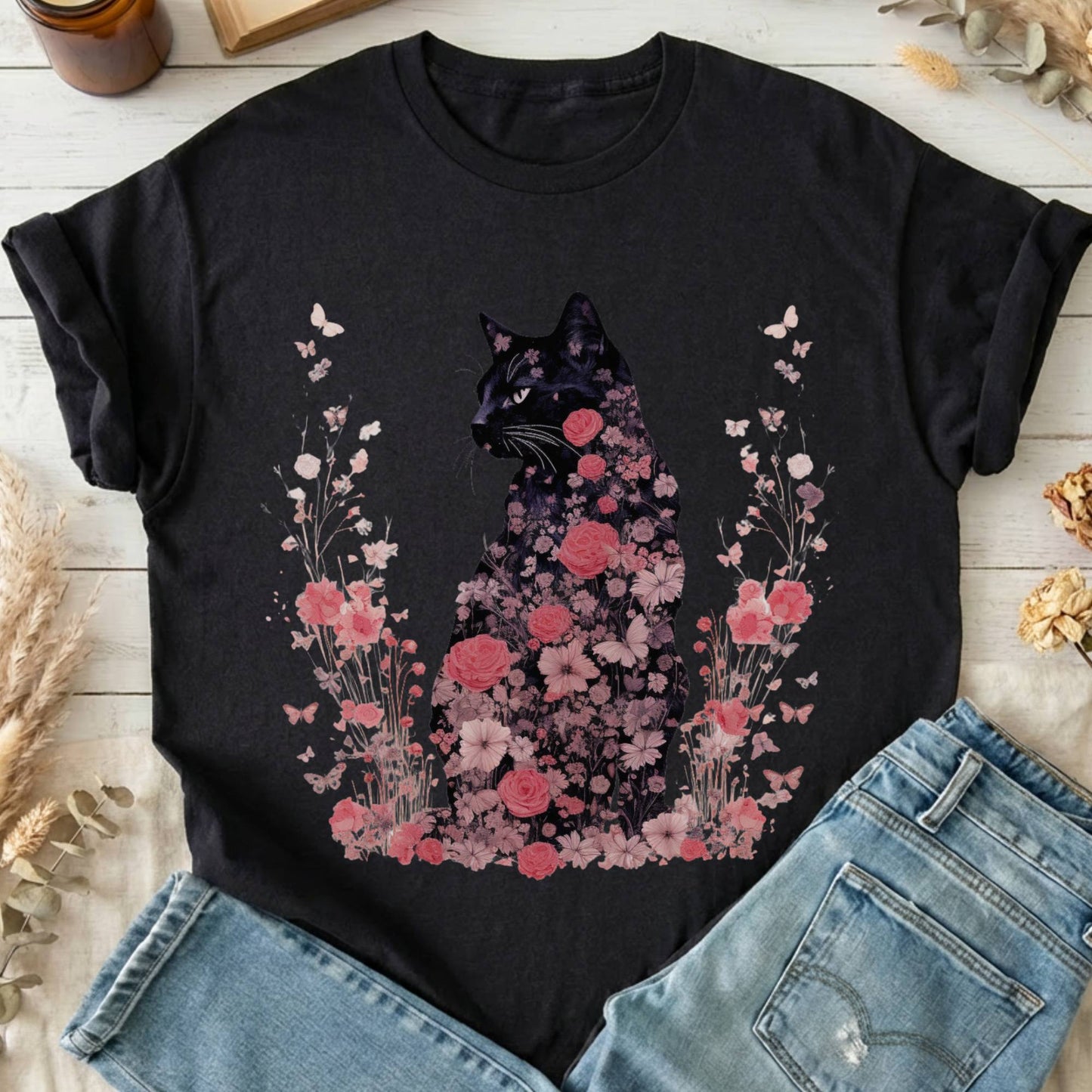 T-Shirts Black / S Pink Floral Black Cat Cottagecore T-Shirt The Mystic Eden