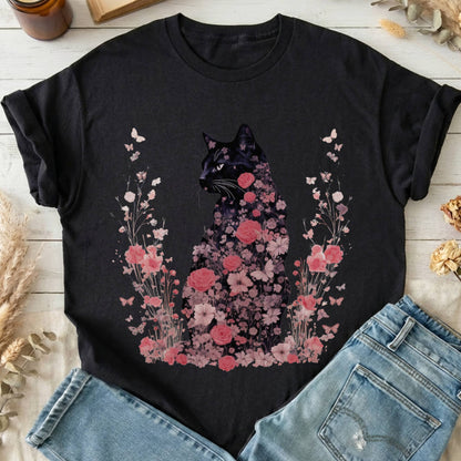 T-Shirts Black / S Pink Floral Black Cat Cottagecore T-Shirt The Mystic Eden