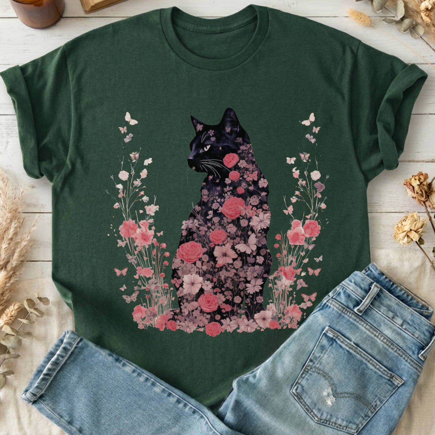 T-Shirts Forest Green / S Pink Floral Black Cat Cottagecore T-Shirt The Mystic Eden