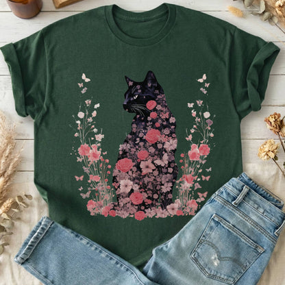 T-Shirts Forest Green / S Pink Floral Black Cat Cottagecore T-Shirt The Mystic Eden