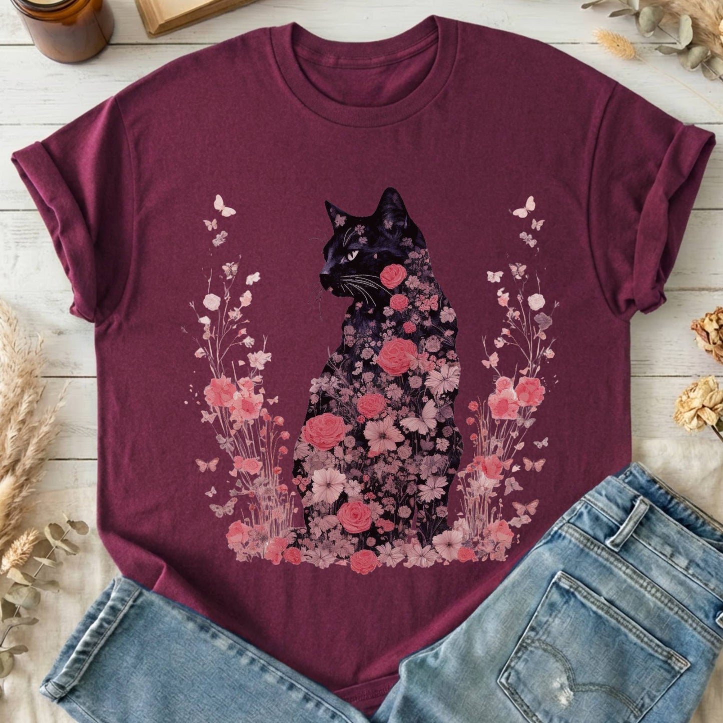 T-Shirts Maroon / S Pink Floral Black Cat Cottagecore T-Shirt The Mystic Eden
