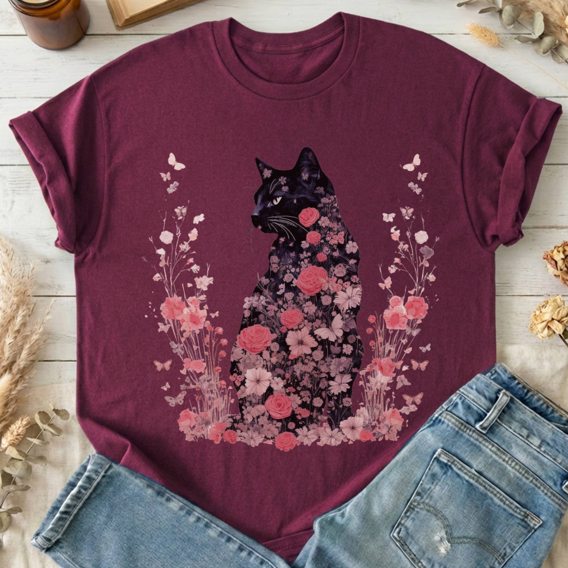 T-Shirts Maroon / S Pink Floral Black Cat Cottagecore T-Shirt The Mystic Eden
