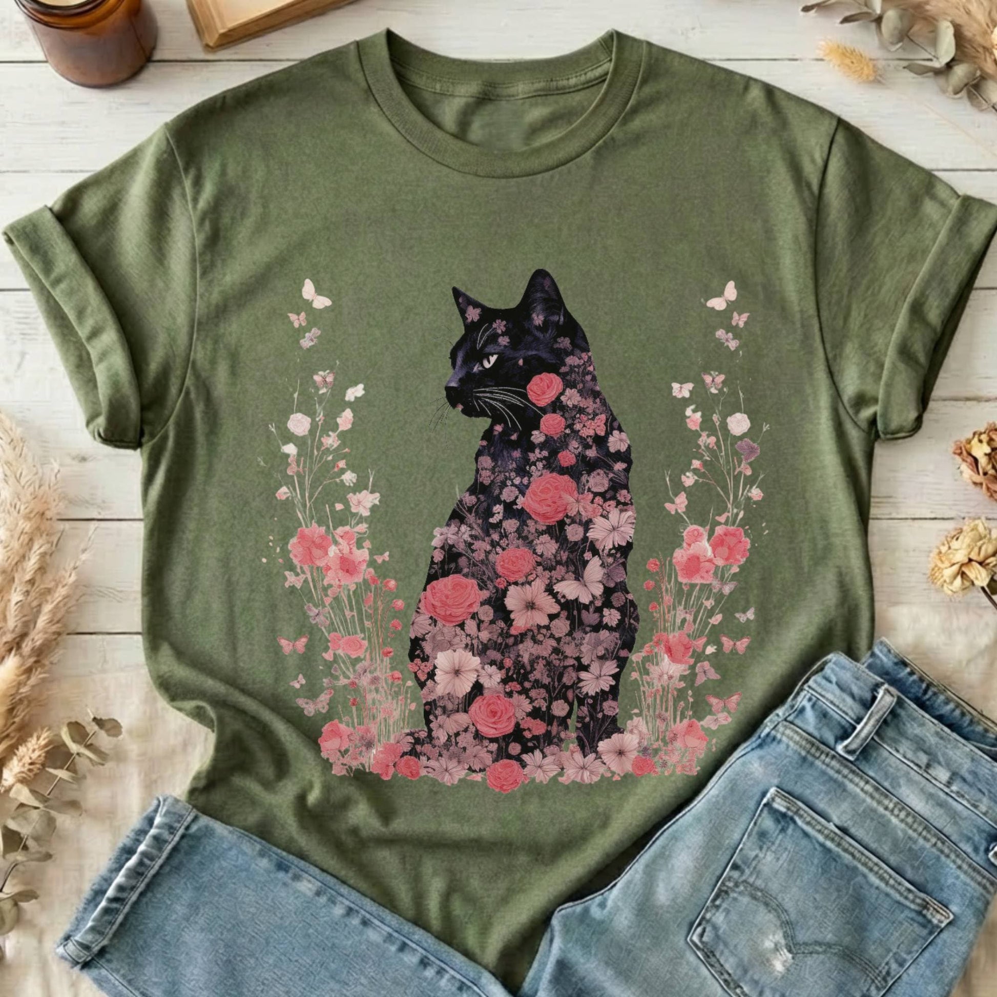 T-Shirts Military Green / S Pink Floral Black Cat Cottagecore T-Shirt The Mystic Eden