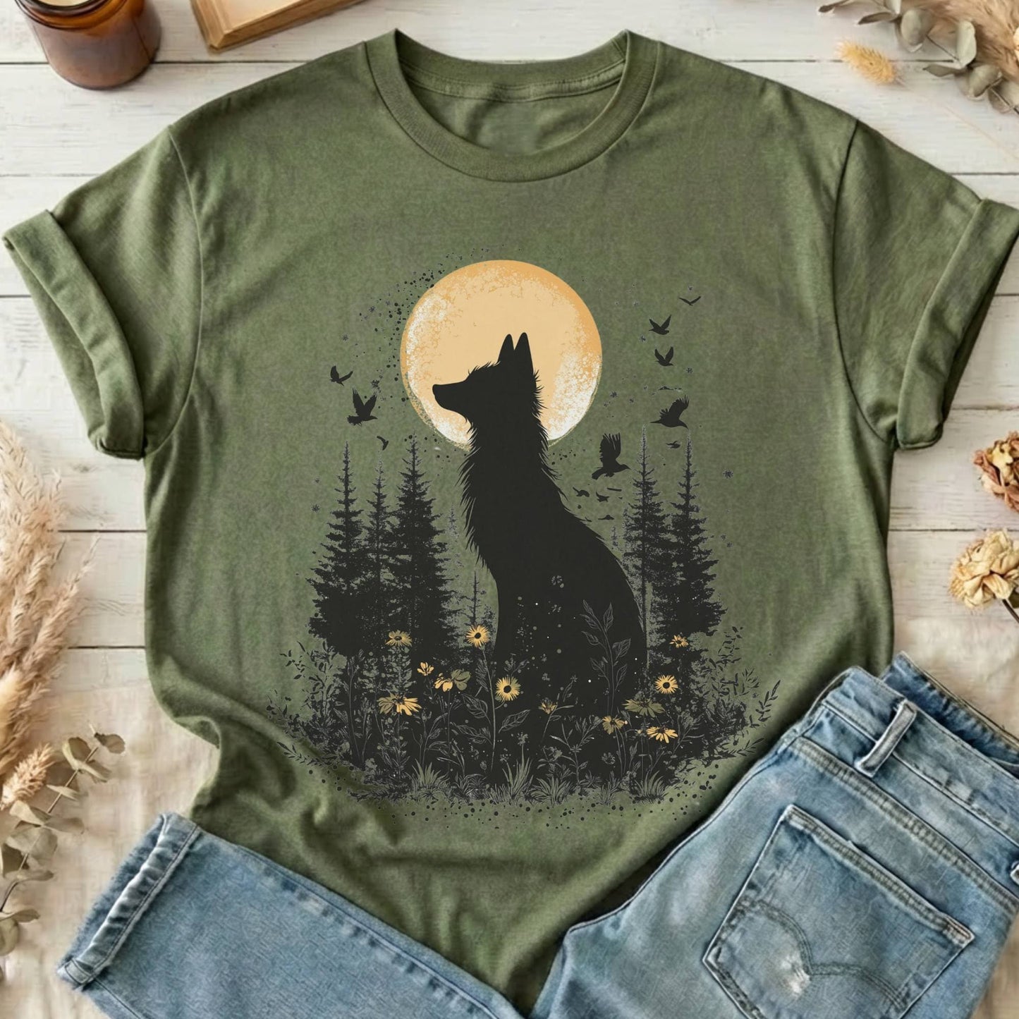 T-Shirts Military Green / S Mystical Moonlit Fox T-Shirt The Mystic Eden