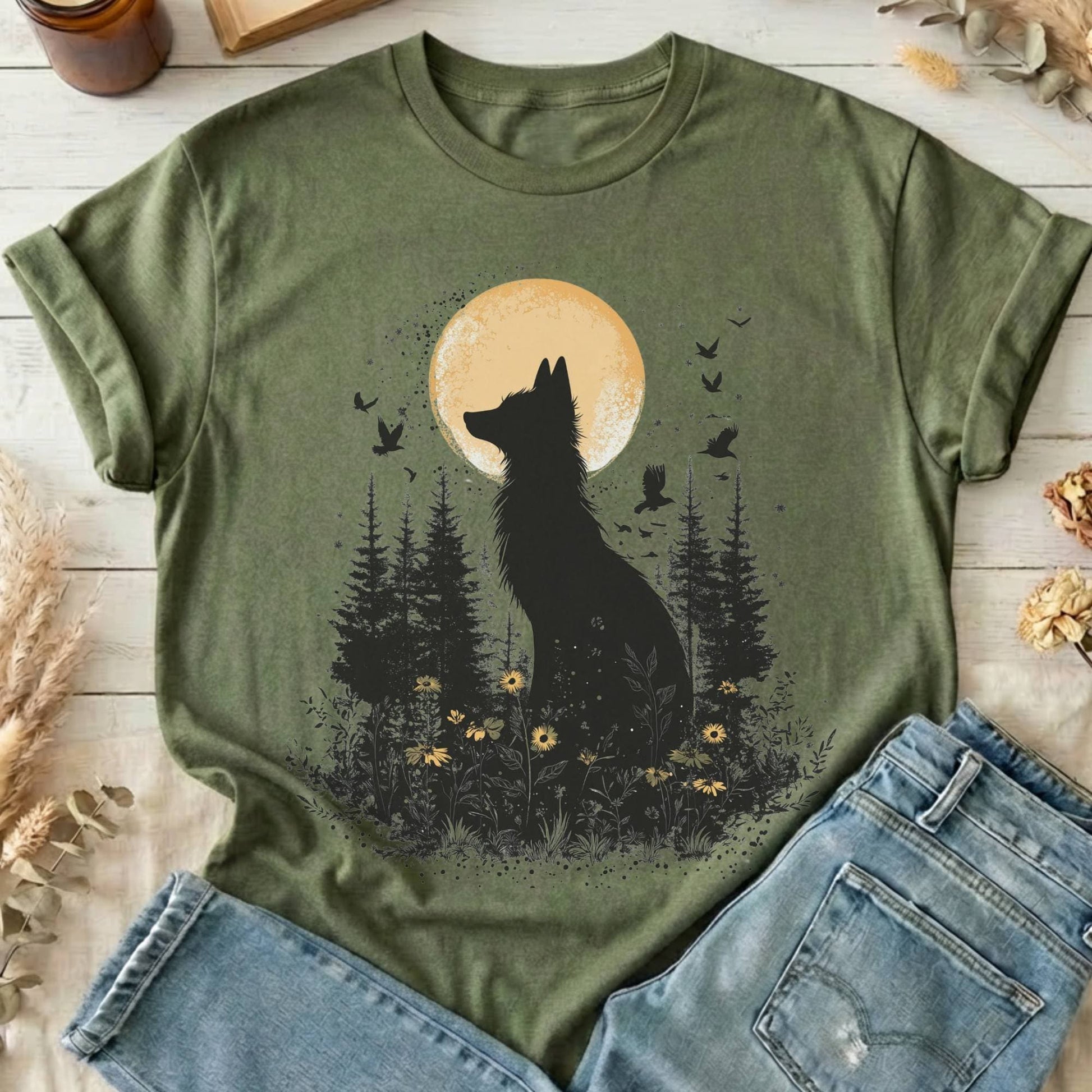 T-Shirts Military Green / S Mystical Moonlit Fox T-Shirt The Mystic Eden