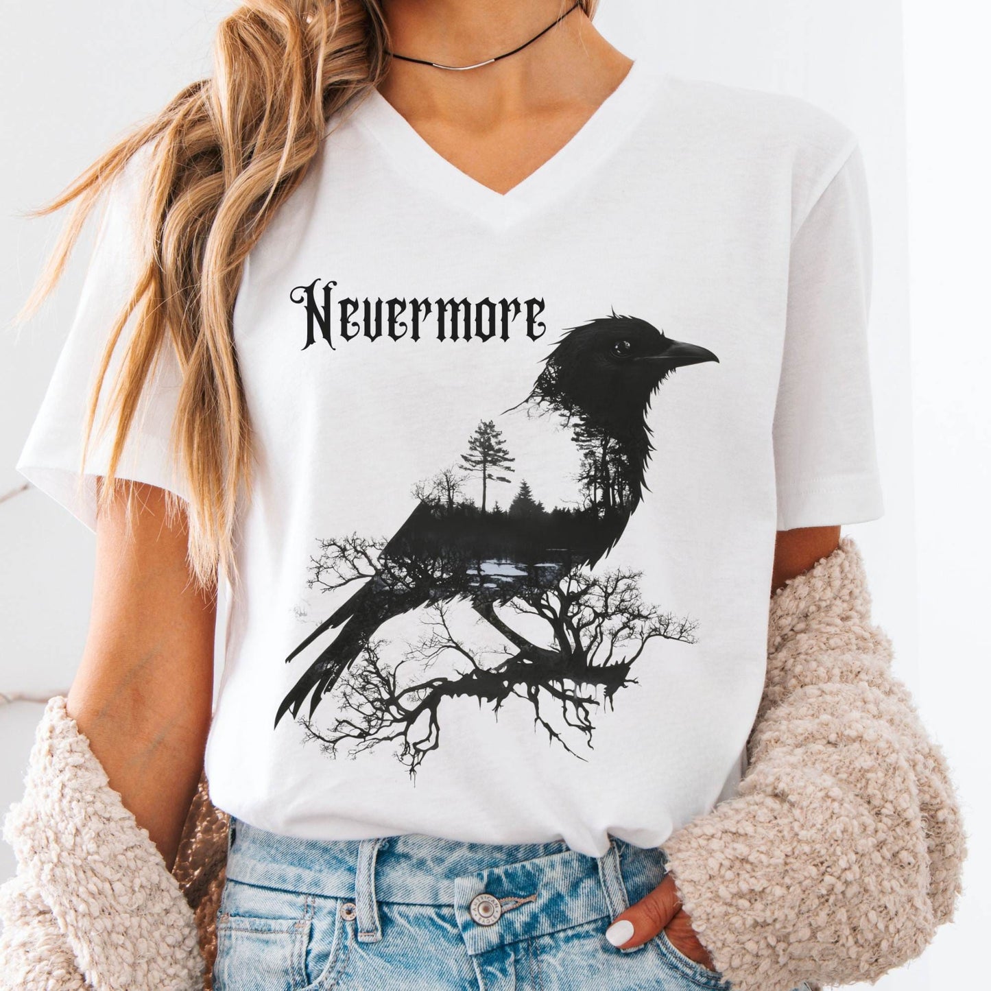 V-neck White / S The Raven Nevermore Poe V-Neck The Mystic Eden