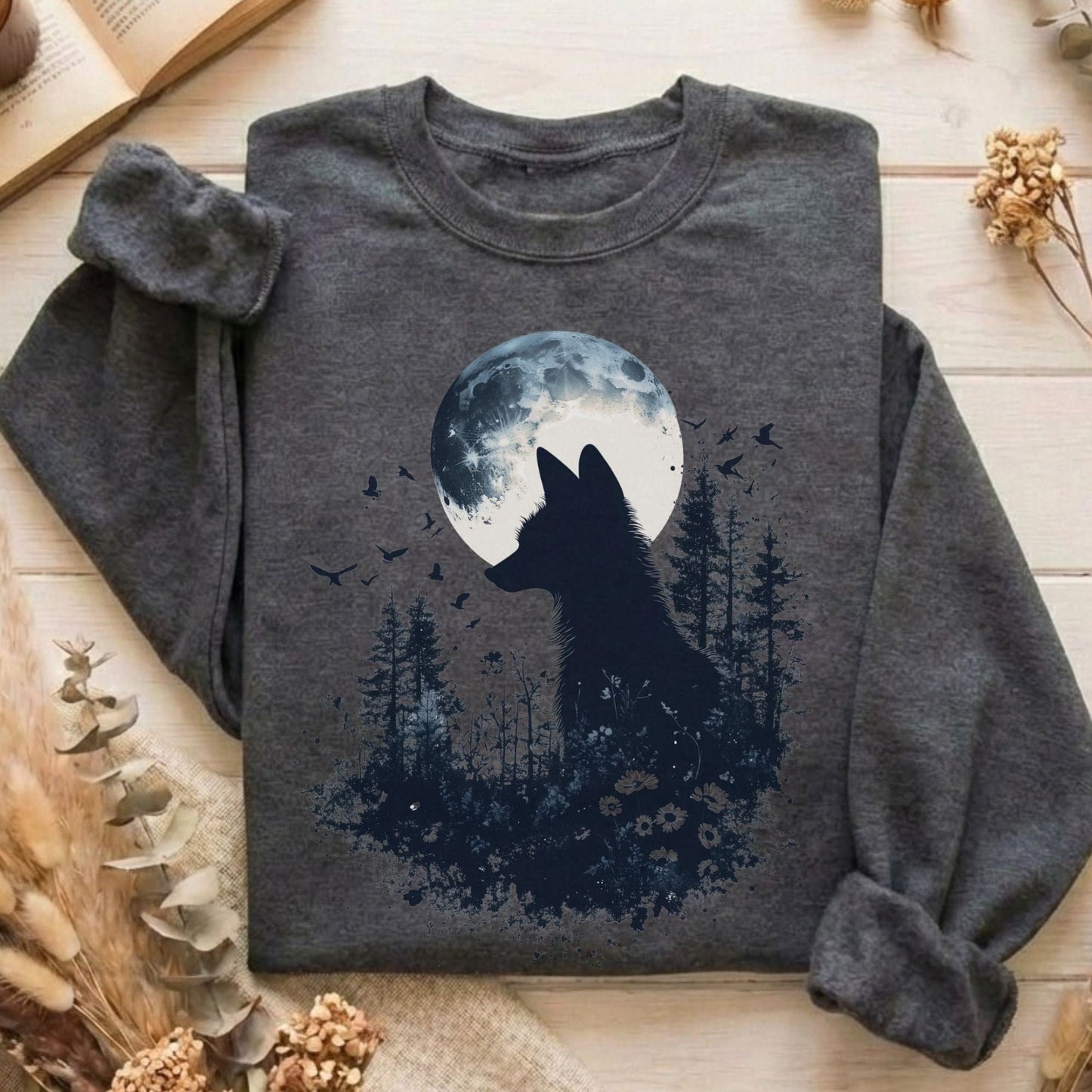 Sweatshirt Dark Heather / S Moonlit Fox Silhouette Sweatshirt The Mystic Eden