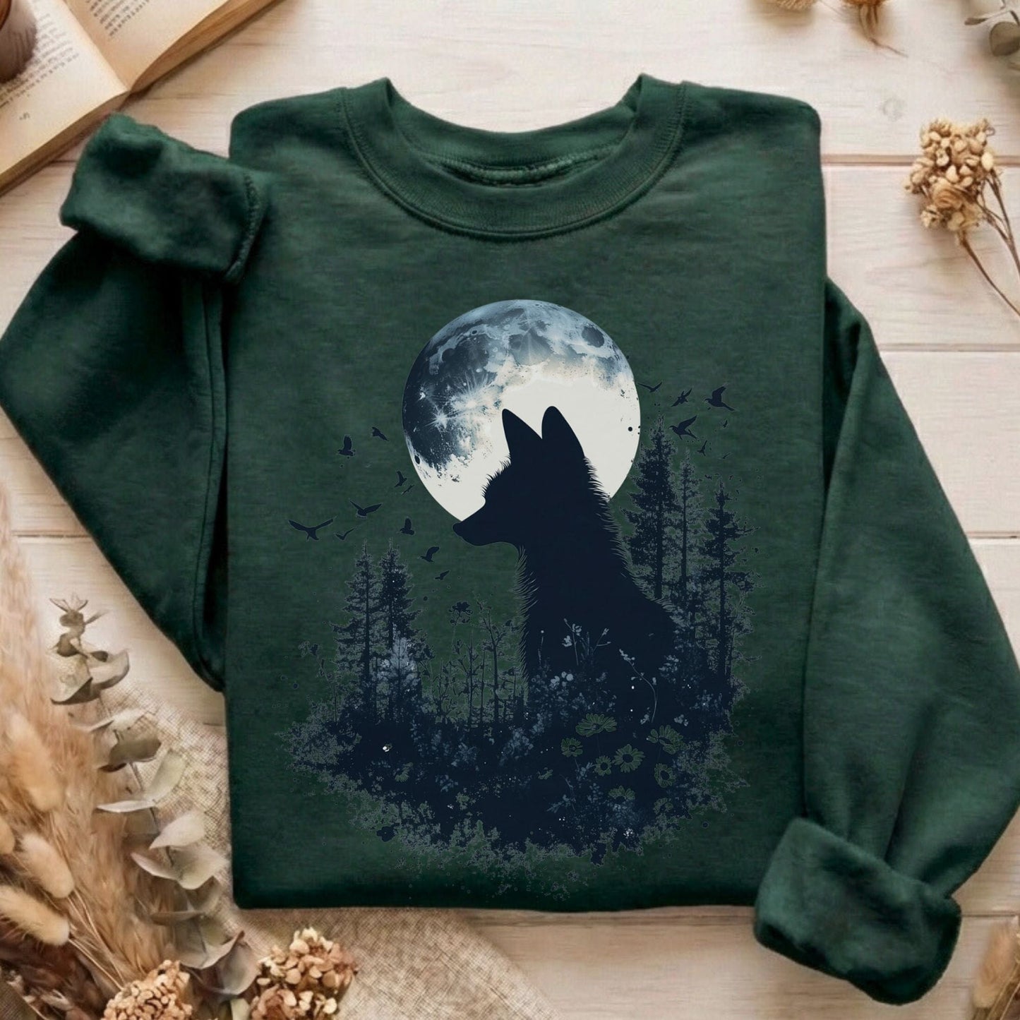 Sweatshirt Forest Green / S Moonlit Fox Silhouette Sweatshirt The Mystic Eden