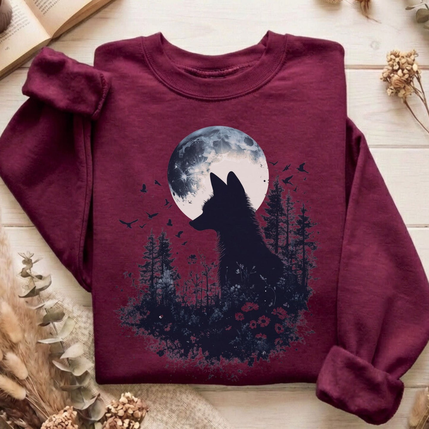 Sweatshirt Maroon / S Moonlit Fox Silhouette Sweatshirt The Mystic Eden