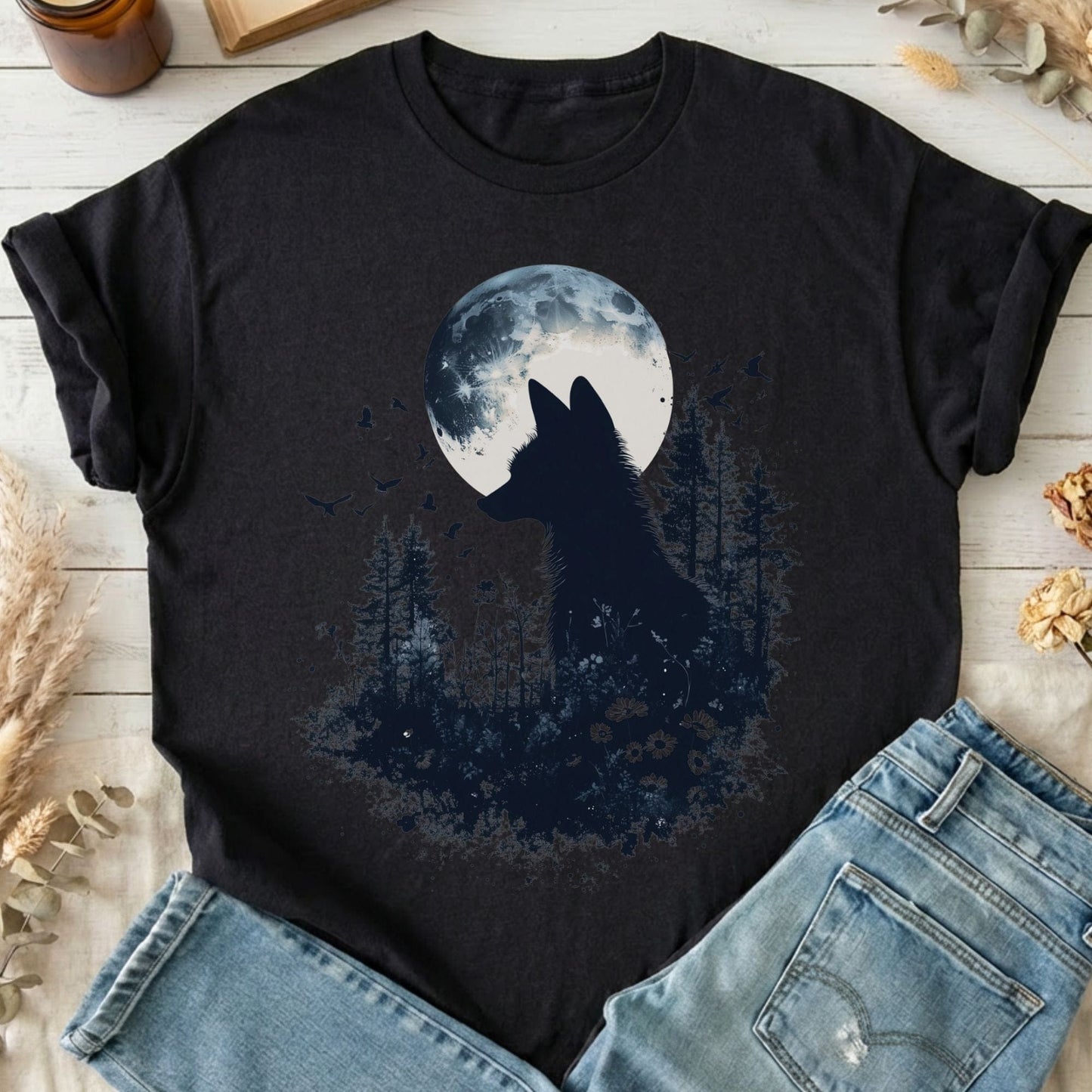T-Shirts Black / S Moonlit Fox Silhouette T-Shirt The Mystic Eden