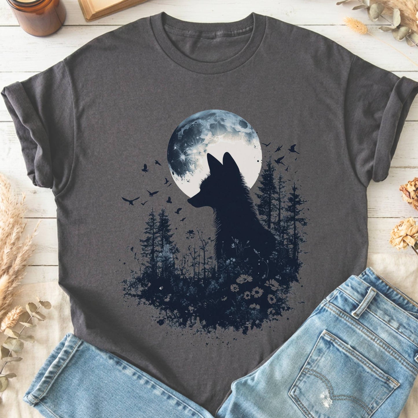 T-Shirts Charcoal / S Moonlit Fox Silhouette T-Shirt The Mystic Eden
