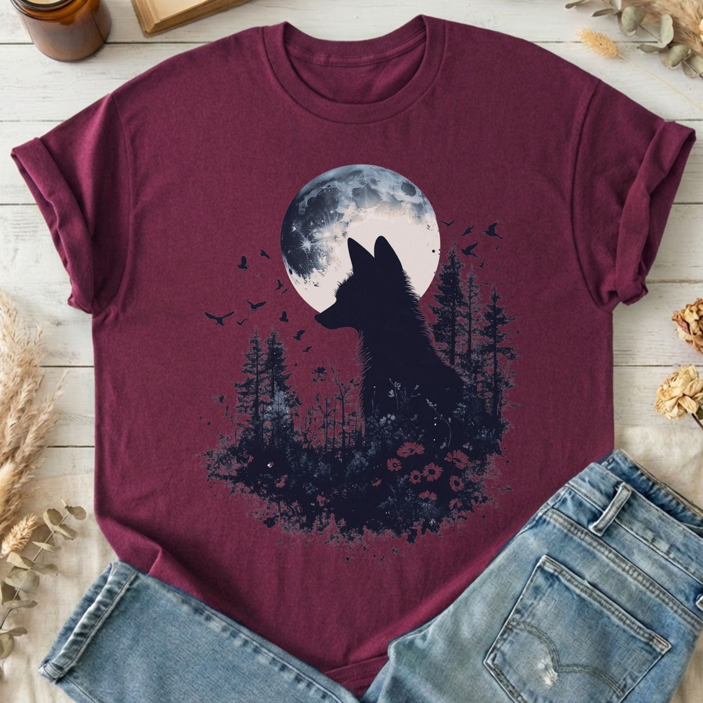 T-Shirts Maroon / S Moonlit Fox Silhouette T-Shirt The Mystic Eden