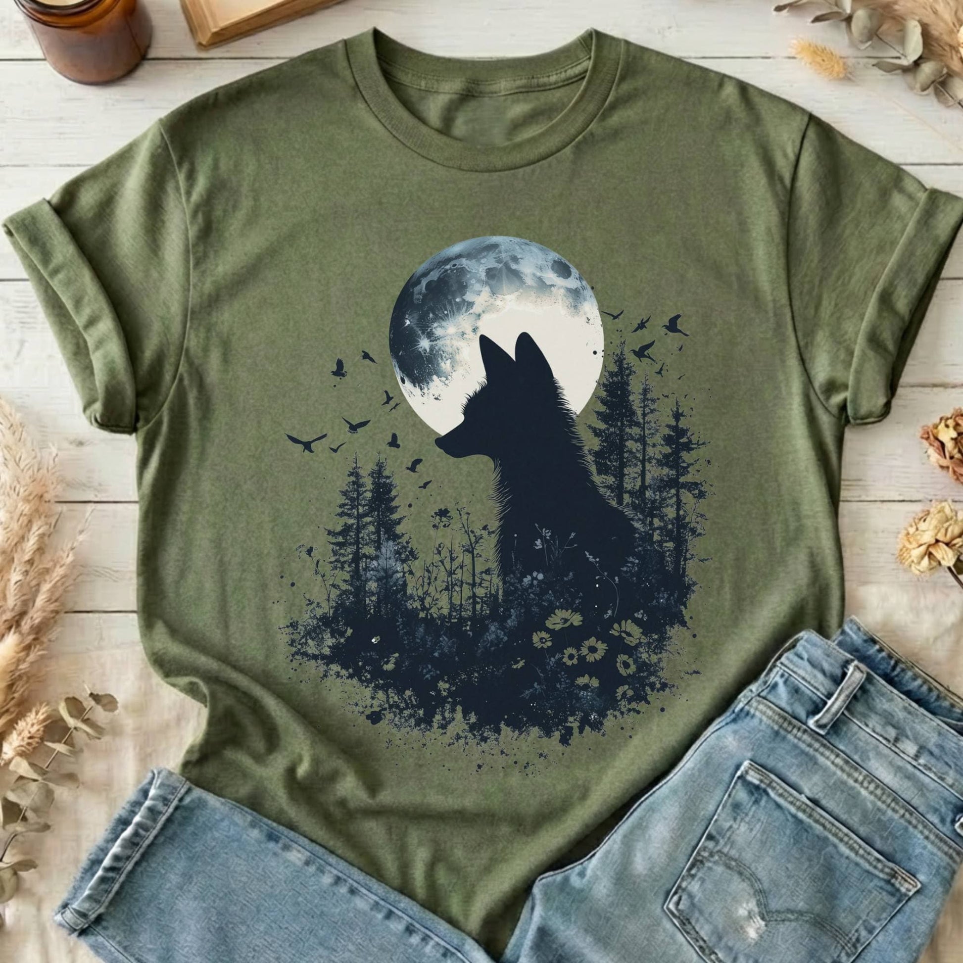 T-Shirts Military Green / S Moonlit Fox Silhouette T-Shirt The Mystic Eden