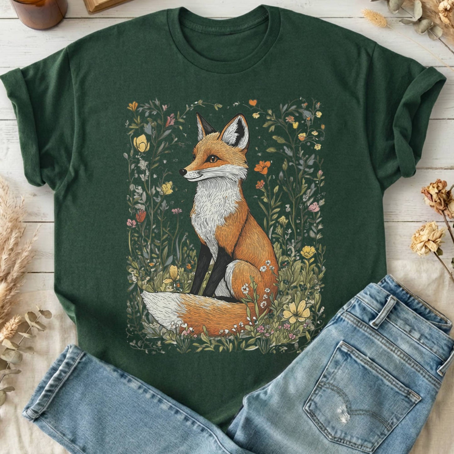 T-Shirt Forest Green / S Vintage Style Fox Cottagecore T-Shirt The Mystic Eden
