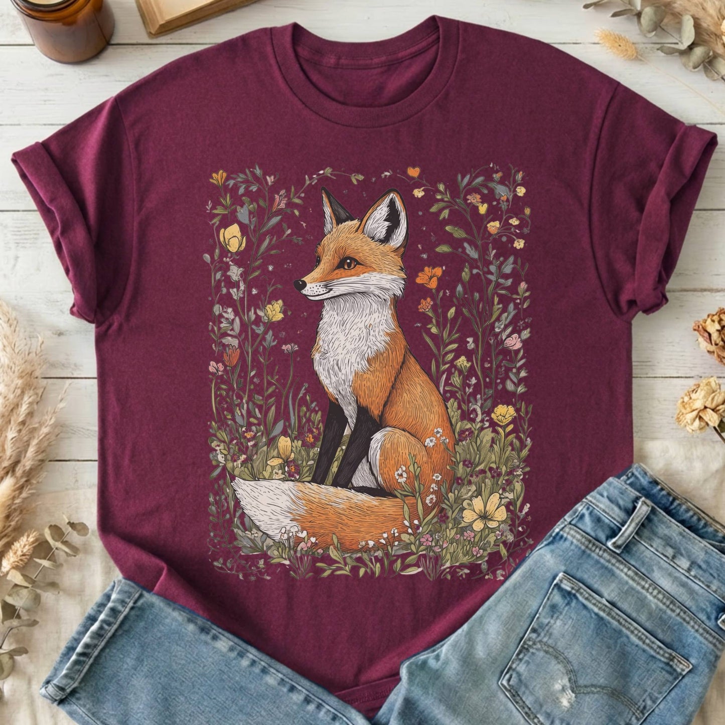 T-Shirt Maroon / S Vintage Style Fox Cottagecore T-Shirt The Mystic Eden