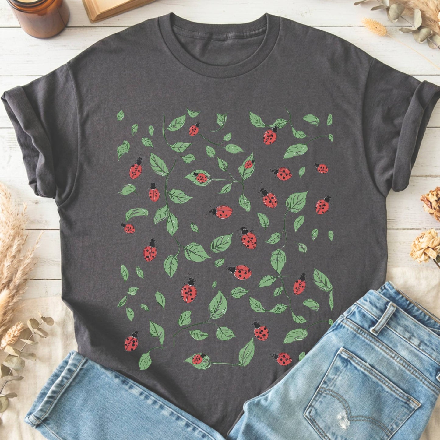 T-Shirts Charcoal / S Ladybird Leaf Cottagecore T-Shirt The Mystic Eden