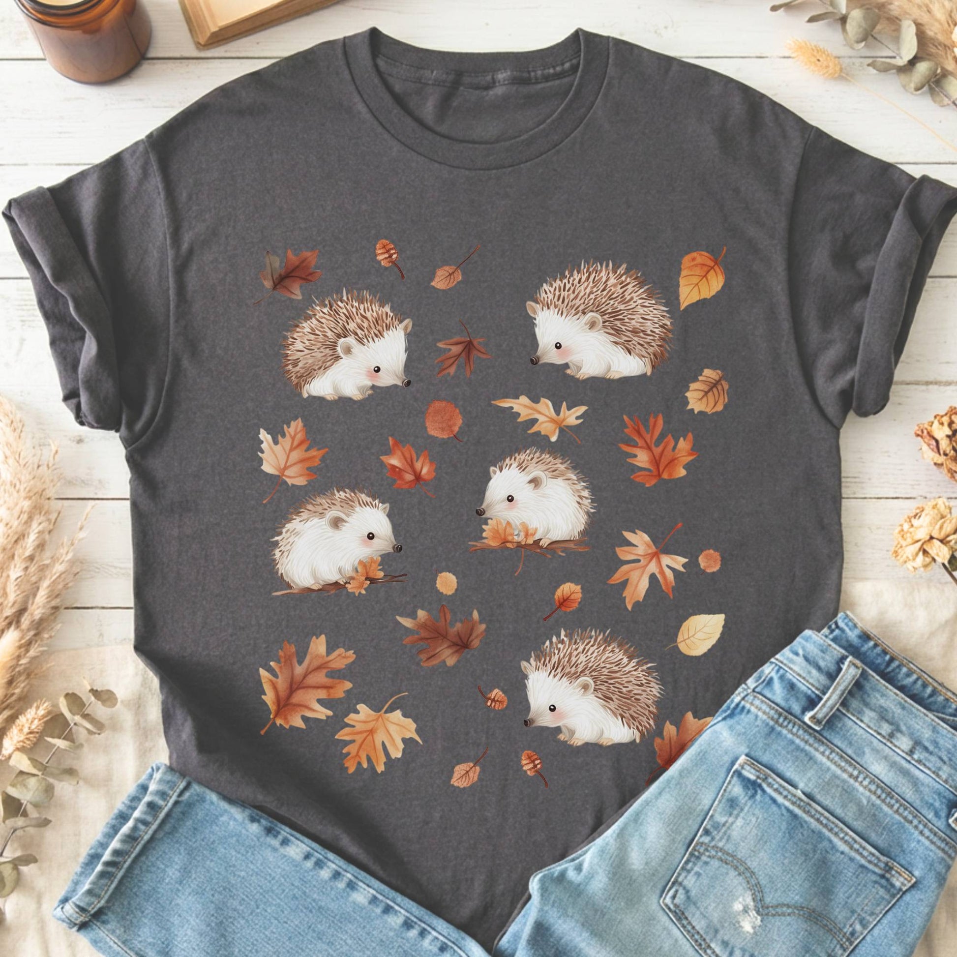 T-Shirts Charcoal / S Autumn Hedgehog Cottagecore T-Shirt The Mystic Eden