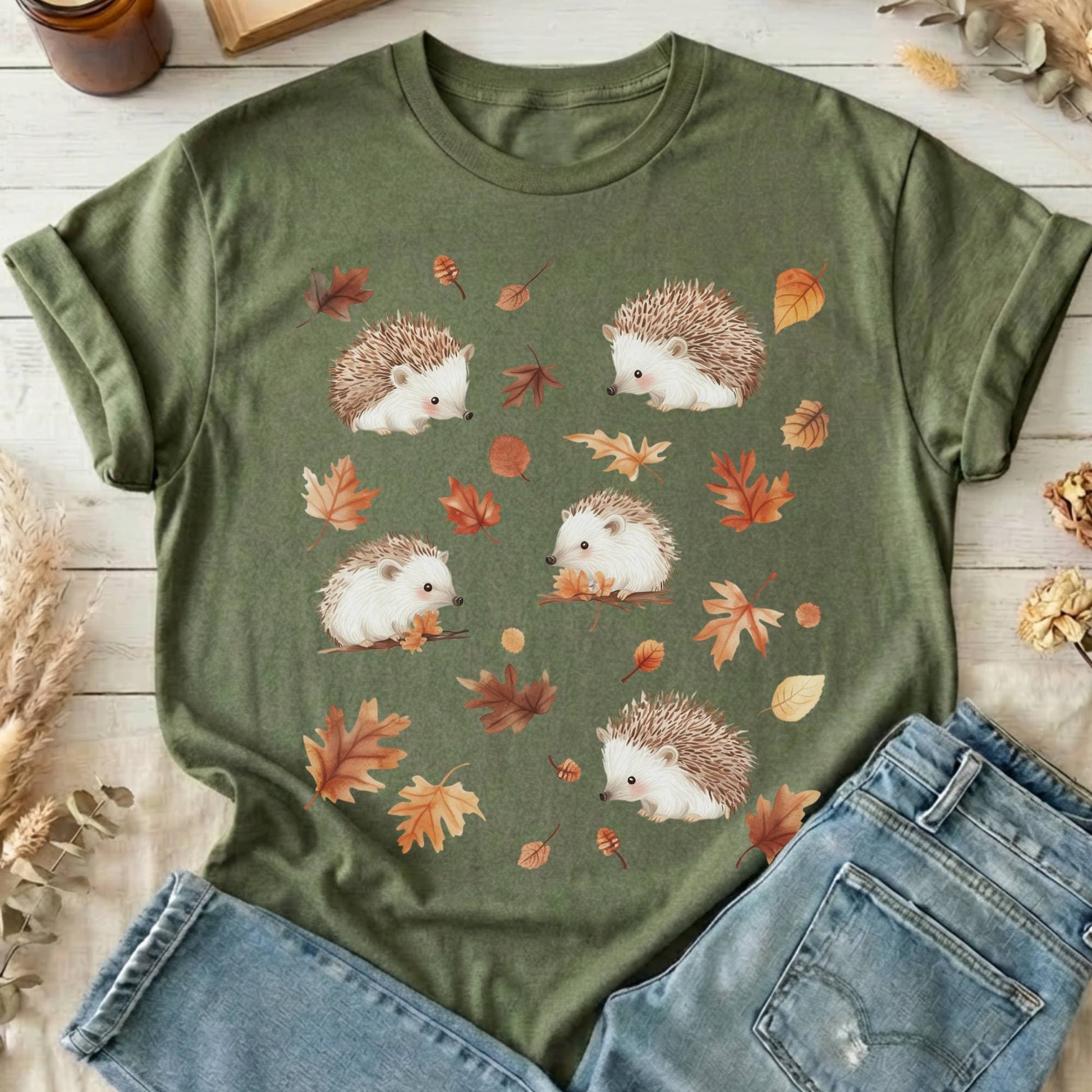 T-Shirts Military Green / S Autumn Hedgehog Cottagecore T-Shirt The Mystic Eden
