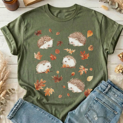 T-Shirts Military Green / S Autumn Hedgehog Cottagecore T-Shirt The Mystic Eden