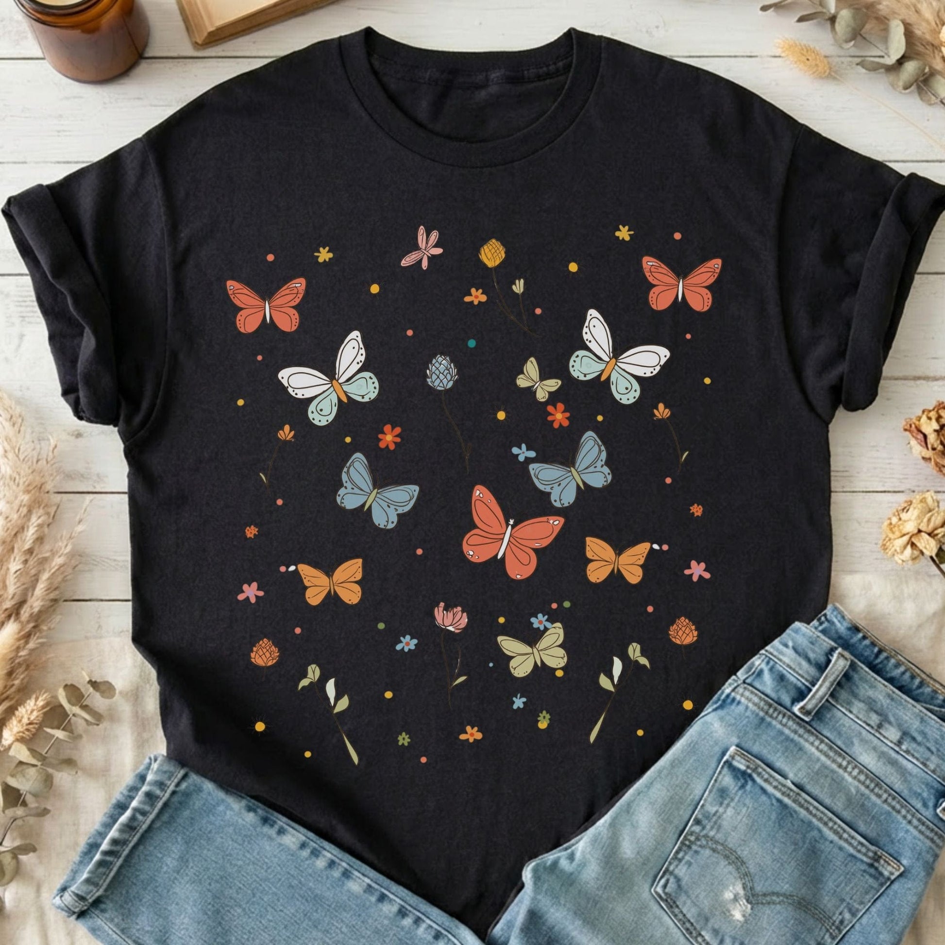 T-Shirts Black / S Whimsical Bright Butterflies T-Shirt The Mystic Eden