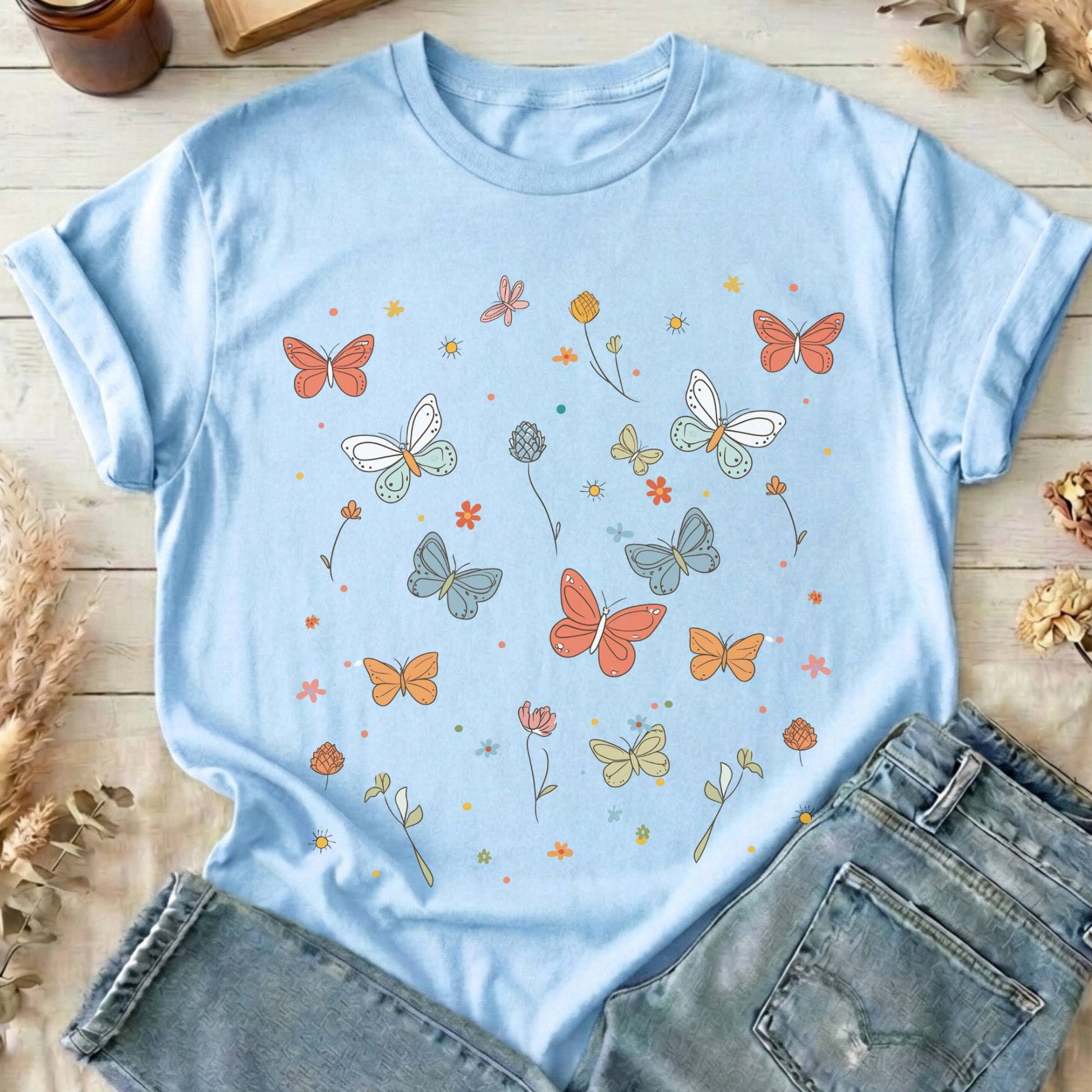 T-Shirts Light Blue / S Whimsical Bright Butterflies T-Shirt The Mystic Eden