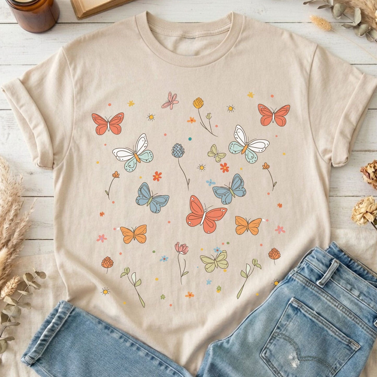 T-Shirts Sand / S Whimsical Bright Butterflies T-Shirt The Mystic Eden