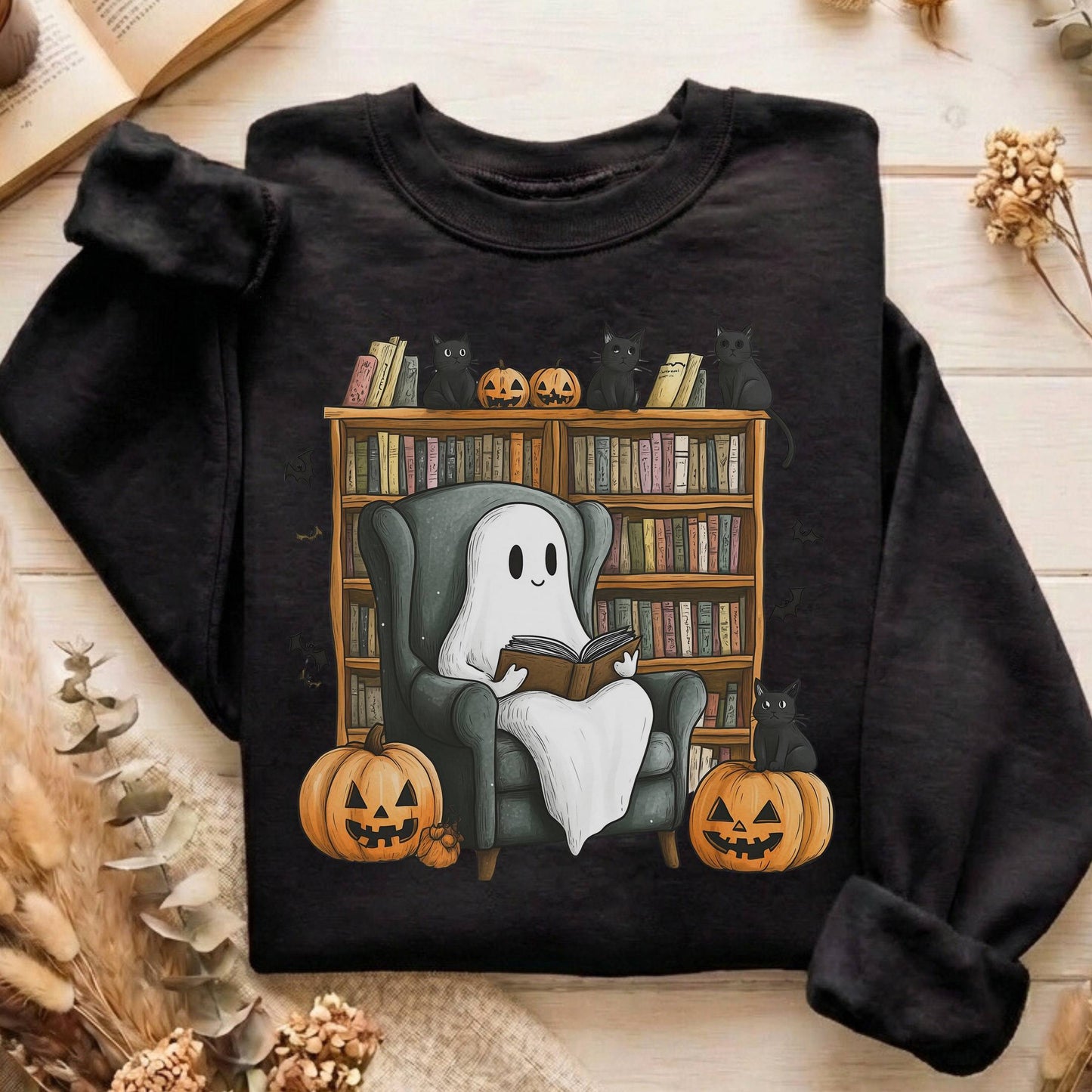 Sweatshirt Black / S Happy Reading Ghost with Black Cats Sweatshirt The Mystic Eden
