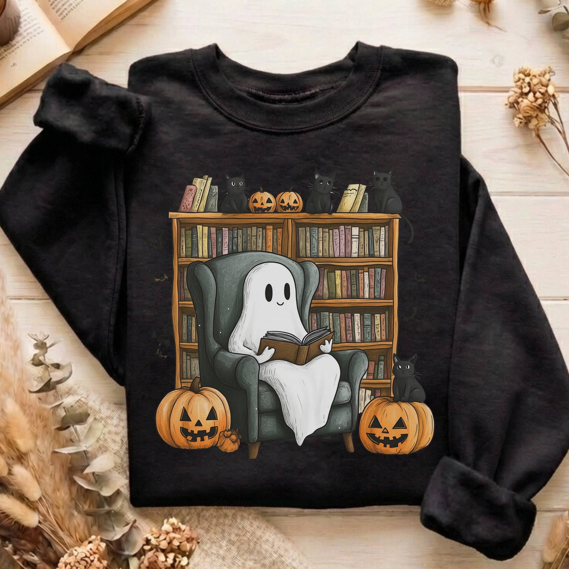 Sweatshirt Black / S Happy Reading Ghost with Black Cats Sweatshirt The Mystic Eden
