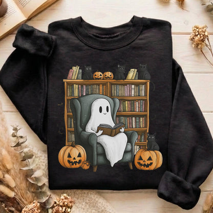 Sweatshirt Black / S Happy Reading Ghost with Black Cats Sweatshirt The Mystic Eden