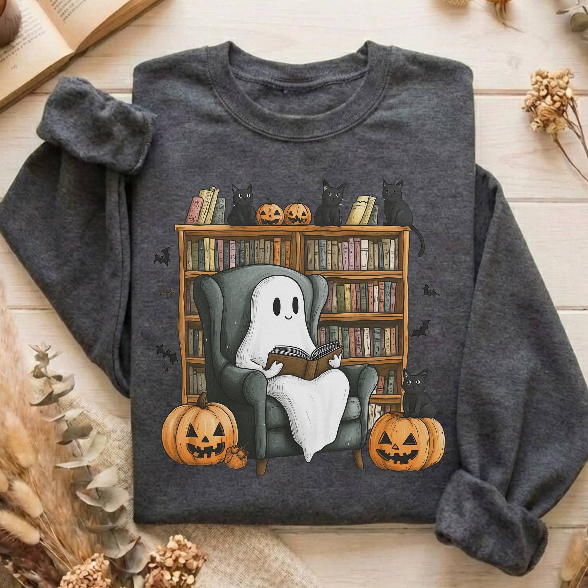 Sweatshirt Dark Heather / S Happy Reading Ghost with Black Cats Sweatshirt The Mystic Eden