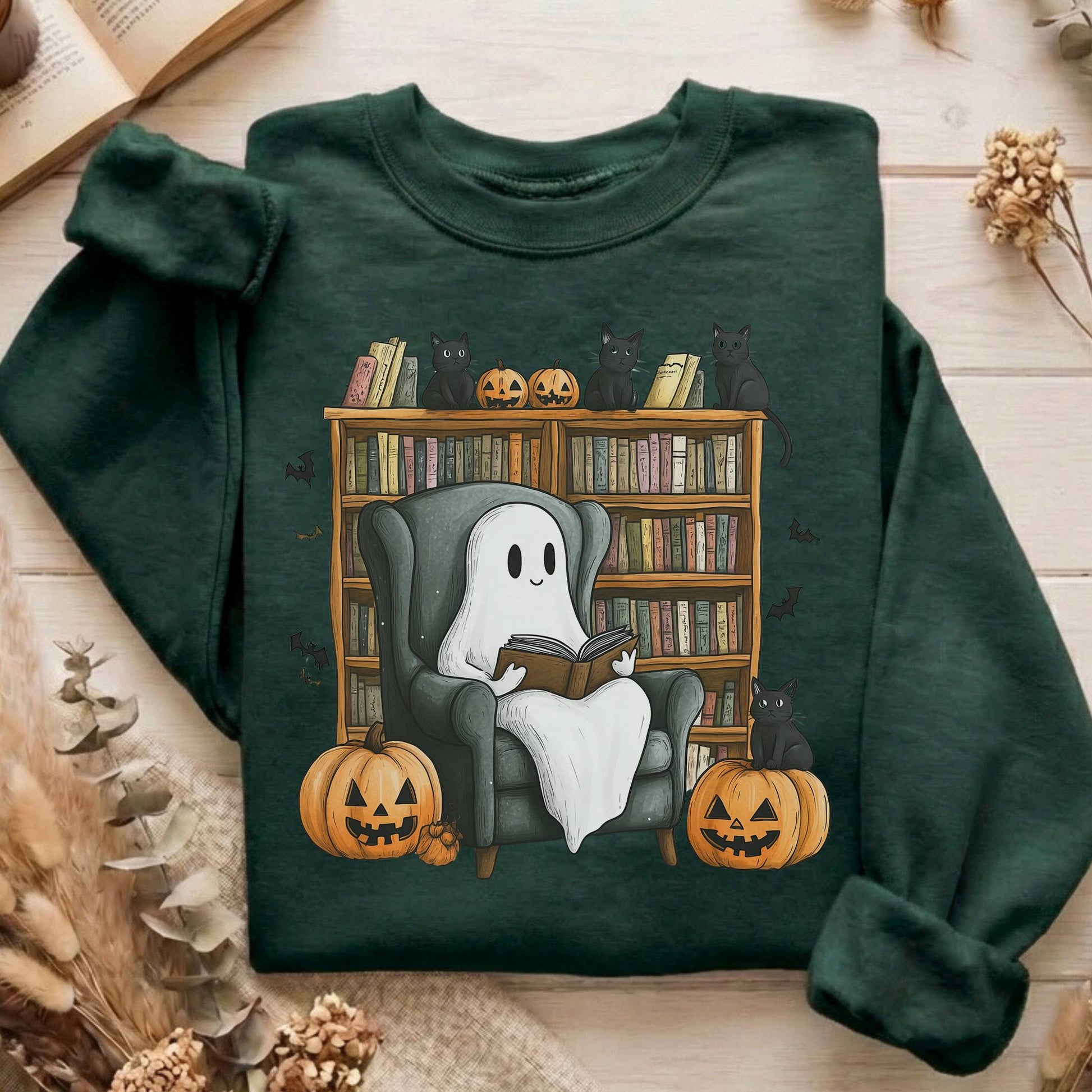 Sweatshirt Forest Green / S Happy Reading Ghost with Black Cats Sweatshirt The Mystic Eden
