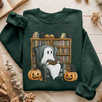 Sweatshirt Forest Green / S Happy Reading Ghost with Black Cats Sweatshirt The Mystic Eden