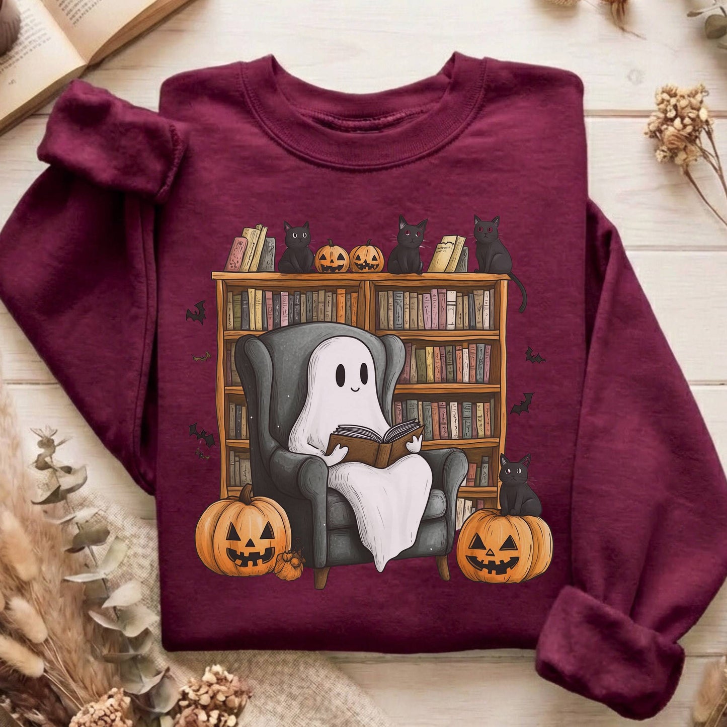 Sweatshirt Maroon / S Happy Reading Ghost with Black Cats Sweatshirt The Mystic Eden
