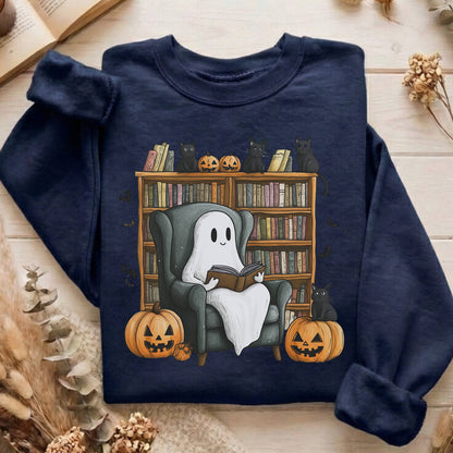 Sweatshirt Navy / S Happy Reading Ghost with Black Cats Sweatshirt The Mystic Eden