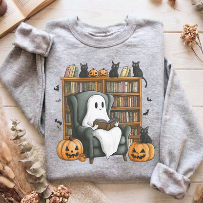Sweatshirt Sport Grey / S Happy Reading Ghost with Black Cats Sweatshirt The Mystic Eden
