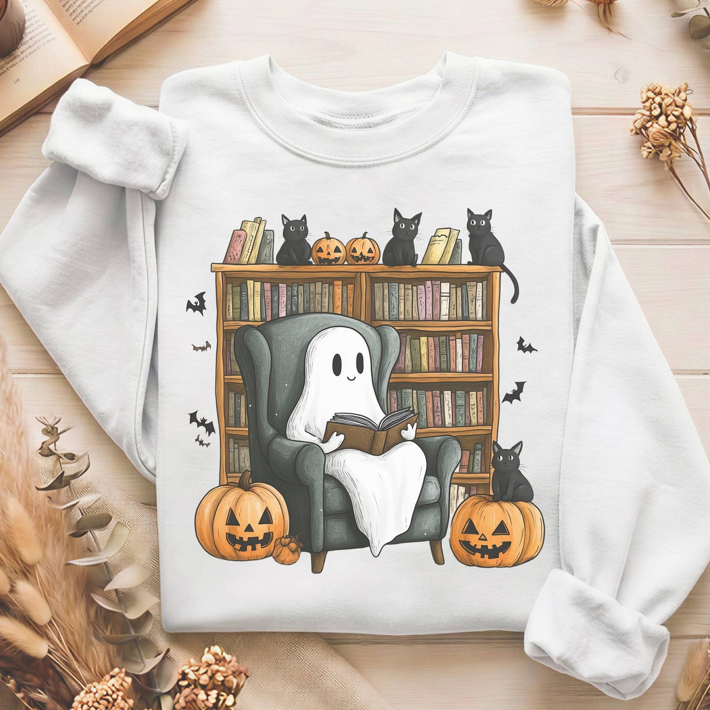 Sweatshirt White / S Happy Reading Ghost with Black Cats Sweatshirt The Mystic Eden