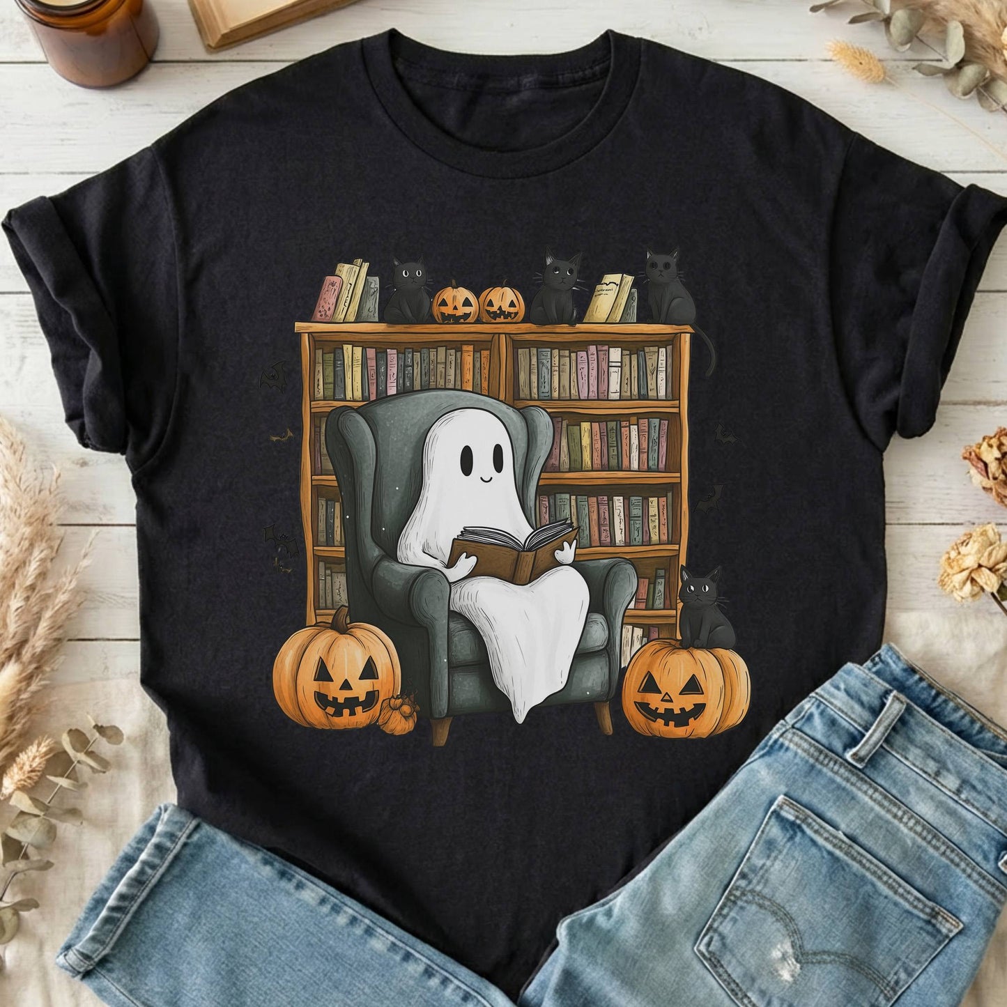 T-Shirts Black / S Happy Reading Ghost with Black Cats T-Shirt The Mystic Eden