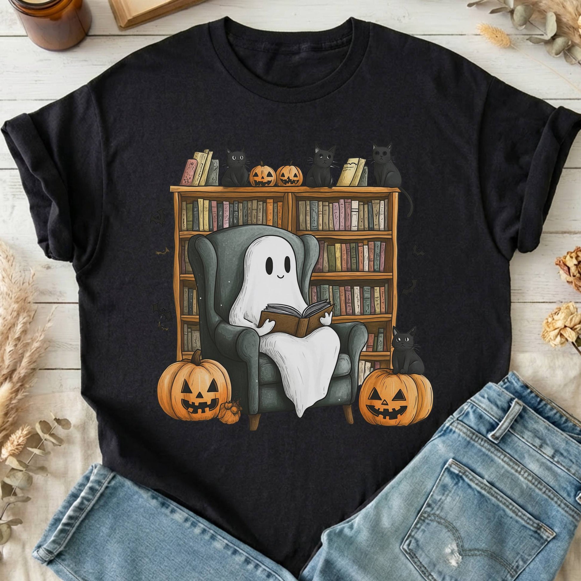 T-Shirts Black / S Happy Reading Ghost with Black Cats T-Shirt The Mystic Eden