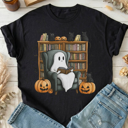 T-Shirts Black / S Happy Reading Ghost with Black Cats T-Shirt The Mystic Eden